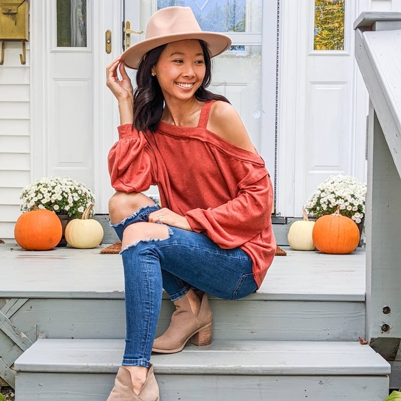 Rust Orange Shoulder Cut Out Long Sleeve Top - Picture 1 of 12